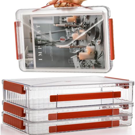 Lot de 3 boîtes de rangement portables en plastique transparent avec couvercles, 22,5 x 35,5 x 4/6 cm, boîte de rangement empilable pour documents A4, fournitures scolaires (1/5)
