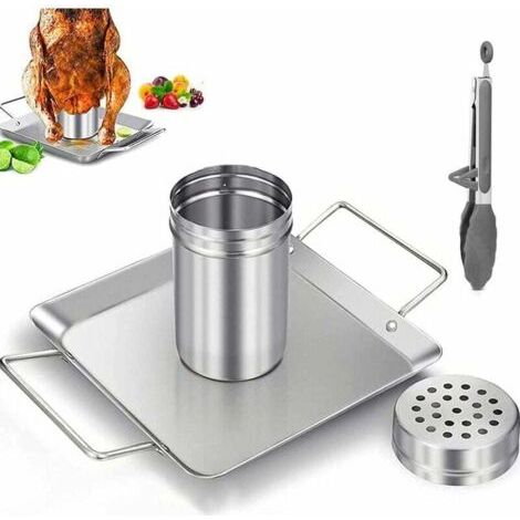 QORVA-Support de poulet pour Cônette de bière pour barbecue, support de Rôtissoire de poulet barbecue en acier inoxydable avec lèchefrite Rôtissoire vertical de poulet à la bière pour barbecue ou fume (1/4)
