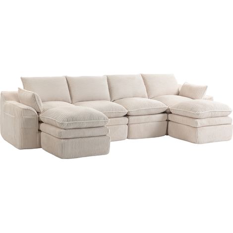 Sofá modular de 4 plazas en pana beige con 2 pufs, cojines y bolsillos laterales HOMVRA (1/5)