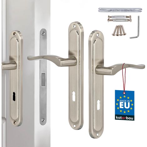 Manilla de puerta larga con placa para llave, acabado clásico satinado de 72 mm.