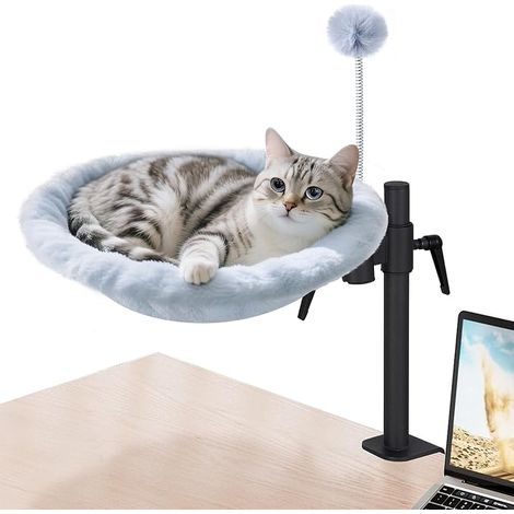 Lit de bureau pour chat - Rotation à 360° réglable en hauteur - Hamac pour chat d'intérieur avec maille et tissus lavables en peluche (Blanc) (1/5)