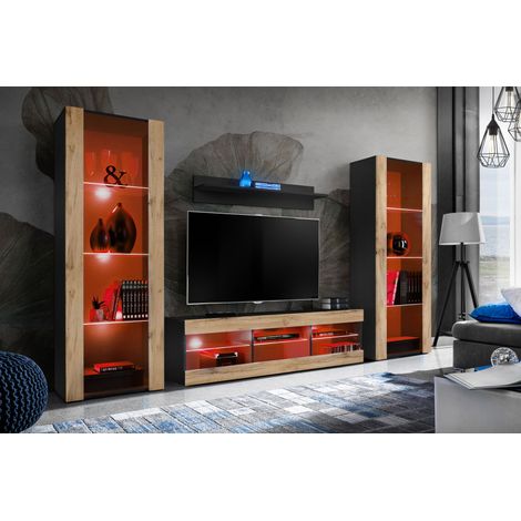 Komodee Ensemble de Meubles Tivoli Grande, Noir/Wotan, Largeur 250cm x Hauteur 159cm x Profondeur 35cm, LED RGB, 3 étagères, pour Salon, Chambre, Entrée