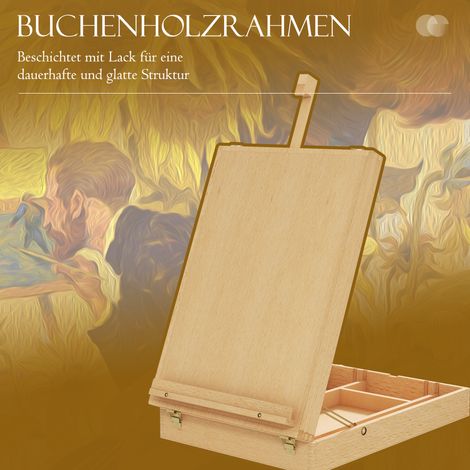 Coffret chevalet de bureau en hêtre massif, pliable, dimensions 27x41,5x74,5 cm, couleur bois naturel (1/4)