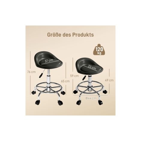 Tabouret roulant réglable en hauteur avec dossier, pivotant 59-75 cm, tabouret de travail pivotant 360°, tabouret de bureau pour bureau, salon, massage, spa, noir (1/5)