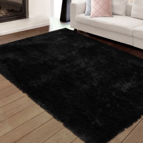 Tapis shaggy ultra doux, petit format, poils longs imitation fourrure, moelleux & antidérapant, pour salon/chambre/entrée/chambre bébé/salle de jeux - Noir pur - 60 x 90 cm (1/5)