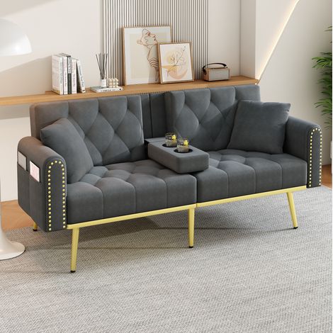 Schlafsofa 175x80x73.5 cm grau aus Samt mit Liegefunktion, 3-fach verstellbarer Rückenlehne und Getränkehalter (1/5)