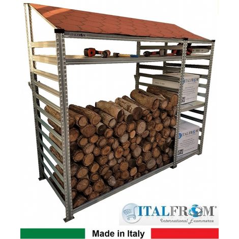 Legnaia Modulare ITALFROM� in Acciaio Zincato con Staffe a Parete - con 4 Ripiani Portaoggetti - Modulo Iniziale - cm L308(M1=150 + M2=158)xP60xH200 Tetto Verde (1/4)