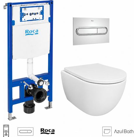 Pack WC ROCA Duplo cisterna empotrada y pulsador PL1 cromo brillo con inodoro suspendido SWISS 53 cm Tornado y Soft-Close de Azul Bath (1/5)