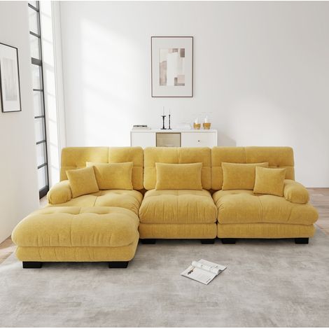 Sofá modular en L 313x145x81 cm amarillo chenilla con otomana y asiento profundo (1/5)