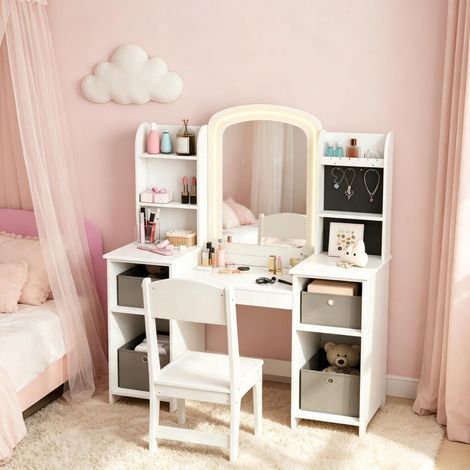 Set de peluquería infantil con taburete y espejo LED, tocador para niños de 3 a 8 años. (1/5)