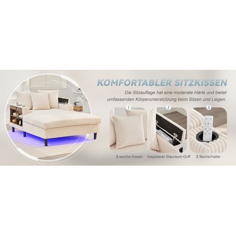 Chaiselongue multifonctionnelle en velours côtelé avec LED, porte-gobelets, rangement et port USB, 129x170x70 cm, couleur beige (1/5)