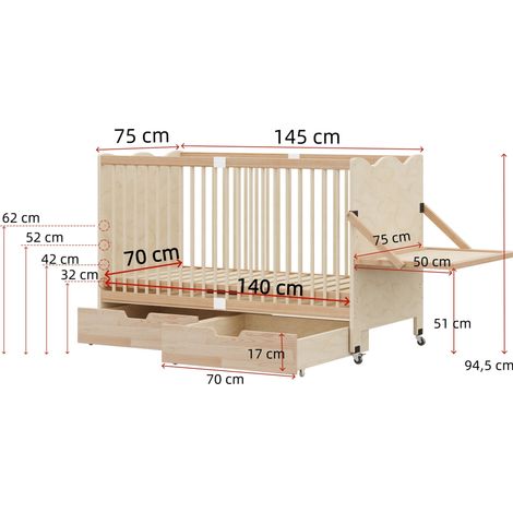 Babybett 140 x 70 cm, Kiefer natur, Wickelaufsatz, platzsparend, ohne Matratze – MEUBLIV (1/5)