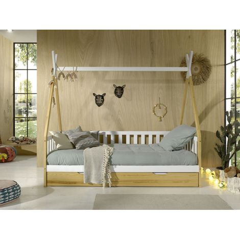 Lit Enfant, Barrière & Tiroir "Tipi" 90x200cm Blanc & Naturel (1/5)