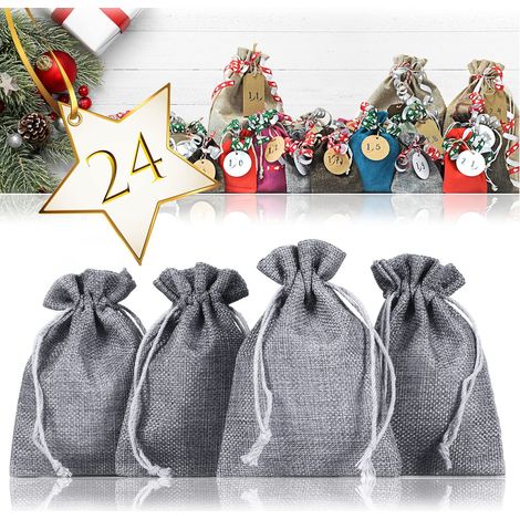 lot de 24 sachets en toile de jute gris 13 x 9,5 cm, petits pochons à cordon de serrage, pour calendrier de l’Avent à remplir, cadeaux invités, bijoux, dragées, déco table, DIY, mariage, (1/5)