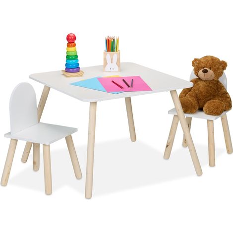 Relaxdays Kindersitzgruppe, 3-tlg., Kindertisch mit 2 Stühlen, Mädchen & Jungen, Sitzecke fürs Kinderzimmer, weiß/natur