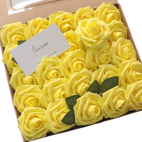 (Kanariengelb) 25 Stück elfenbeinfarbene künstliche Schaumrosen mit Stielen für Hochzeitssträuße, Party-Tischdekorationen, Arrangements, Party-Tischdekorationen