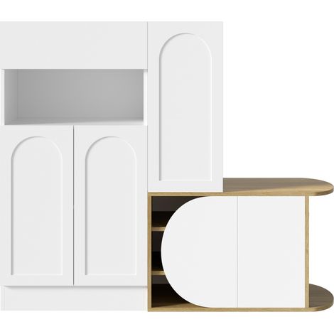 Meuble à chaussures moderne avec banc, 1 tiroir, 5 portes et étagère ouverte, blanc et imitation bois, 130 x 35 x 110,5 cm (1/5)