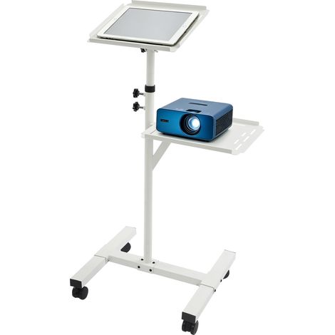 Mobiler Ständer für Beamer und Laptop, höhenverstellbar von 95 bis 150 cm, 2 Ablagen, neigbar um ± 12°, Rollwagen mit arretierbaren Rollen, Tisch, Weiß (1/5)