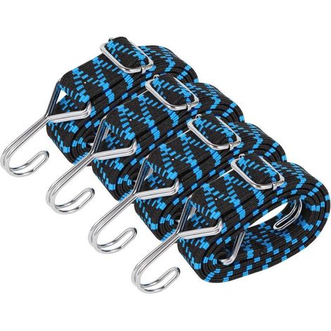 Tendeurs élastiques avec crochets, lot de 4 tendeurs élastiques réglables 1 m Tendeur de corde élastique plat pour piscine tente camping bleu. (1/5)