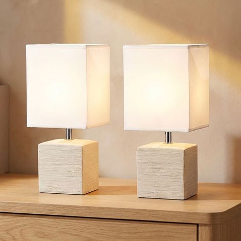 LED Tischleuchte Schlafzimmer Stoffschirm Nachttischleuchte Keramik Modern Tischlampe Textil, weiß beige, 1x 4W 320Lm warmweiß, LxBxH 13x11x29 cm, 2er Set