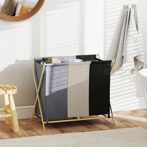 Cesto de ropa con 3 compartimentos, 129 L, cesto de ropa plegable para lavadero, dormitorio, multicolor