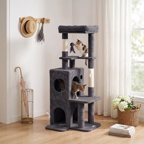 Arbre à Chat 4 Niveaux 132 cm, Niche Lit Plateforme, Poteaux Sisal, Jouets, Gris Foncé (1/5)