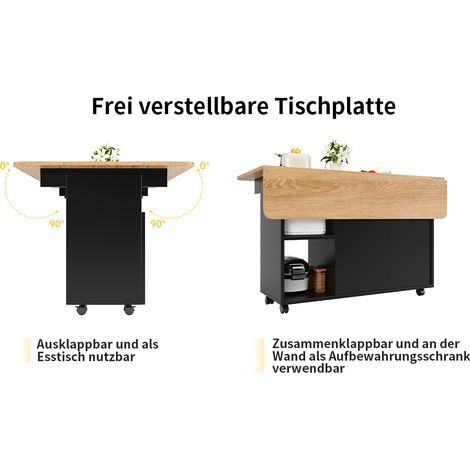 Îlot de cuisine multifonction avec plateau rabattable et rangement, MDF noir, 120 x 30 x 79,5 cm