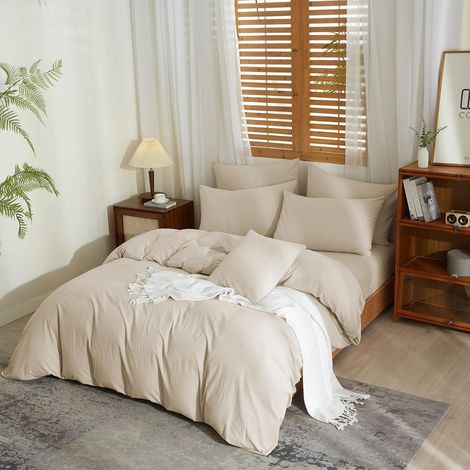 Housse de Couette Demi-Lin 220x240 Beige Parure de Lit Mélangé Doux Respirant Douillet Coton Lin Linge de Lit 2 Personne avec Fermeture Éclair et Taies d'oreiller 65x65 cm (1/5)