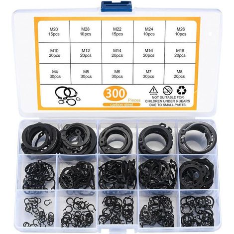 Kit de 300 circlips externes en acier inoxydable – dimensions M4 à M28, pour montage mécanique précis et durable (1/4)