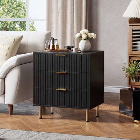 Commode 3 tiroirs larges moderne en bois cannelé – Grand capacité,Rangement chambre/salon/entrée/enfant – Table de chevet sécurisée – Style moderne – noir (1/5)