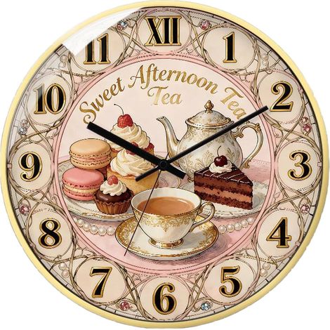 Horloge murale silencieuse (20 cm), théière et macaron, décoration artistique, cadeau original (1/5)