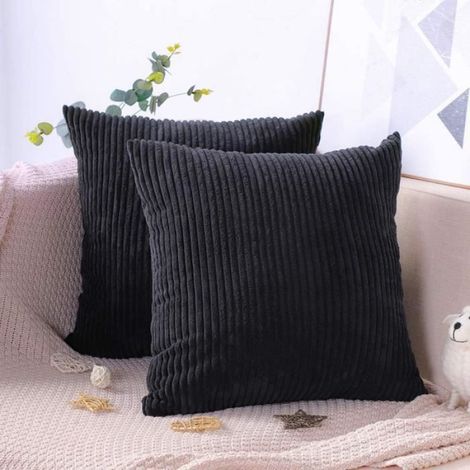 Housse De Coussin - Velours Côtelé - 45x45 cm - Noir - Lot De 2 (1/4)