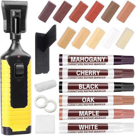 Kit Reparation Parquet, Set Reparation Carrelage avec 11 Couleurs Cire Dure, 6 Marqueurs Reparation pour Meubles, Fondoir et Accessoires, Outil Retouche pour Sol Vinyle, Parquet, Meubles (1/5)