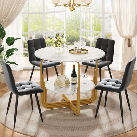 Conjunto de mesa y 4 sillas, mesa redonda 80 cm, efecto mármol, DESVIAE (1/5)