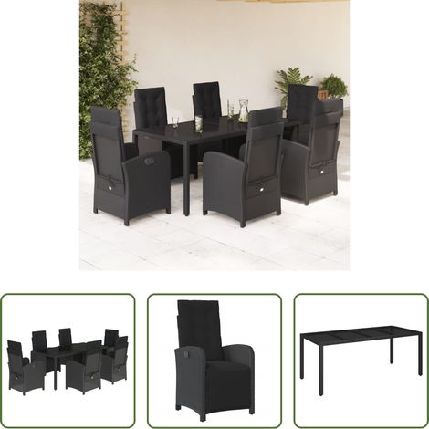 vidaXL Gartenessgruppe - 7-tlg. Garten-Essgruppe mit Kissen Schwarz Poly Rattan (1/5)