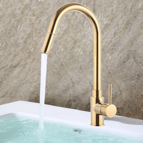 Robinet de cuisine extensible - En laiton - Avec douchette extensible - Rotatif à 360° - 40 cm de haut - Doré (1/5)