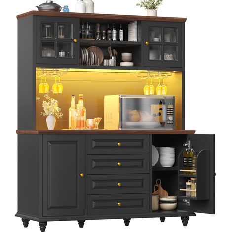 Buffet haut de cuisine Noir,meuble de rangement moderne avec éclairage LED,avec 4 tiroirs,140x40x179.5cm,cuisine,salon (1/5)