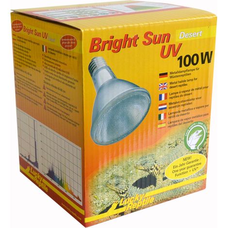 Lucky Reptile Bright UV Desert - Lampada a vapori metallici 100 W per portalampada E27 - Lampada da terrario con spettro di luce diurna - Lampada termica raggi UVA UVB - Rettili da deserto (1/4)