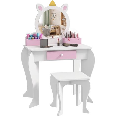 design licorne, compartiments tiroir, blanc, Coiffeuse enfant tabouret miroir (1/5)