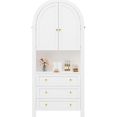 ELVMI Hochschrank mit 3 Schubladen, 2 Bogentüren und offenem Fach für Küche und Wohnzimmer aus MDF 70 × 35 × 180 cm Weiß (1/5)