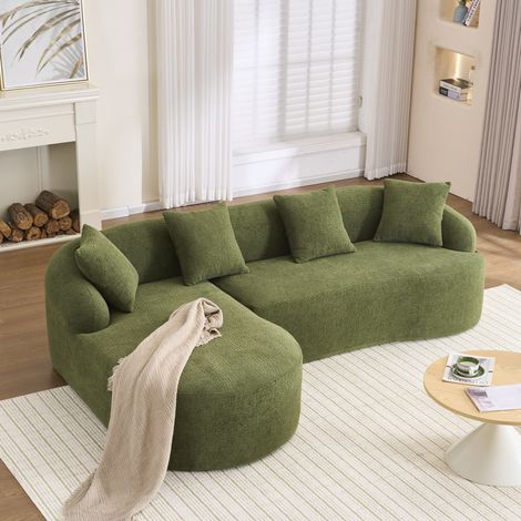 Divano modulare curvo a L con chaise longue sinistra, 3 posti, chenille verde, OKWISH (1/5)