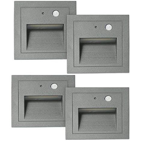 Lot de 4 LED Spot Mural Encastré 3W Applique Murale Escalier Etape Lumière Lampe Détecteur de Mouvement Sol Encastré Lumière Escalier Lumière Hall Lampe 2800K Blanc Chaud-Cadre Blanc-gris Cha (1/4)