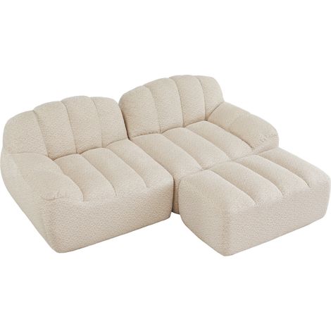 Sofá modular L de 2 plazas sin montaje con 1 otomana, tejido suave beige blanco (1/5)