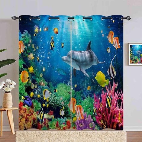 Rideau Occultant Océan Poisson Dauphin Coraux Rideau Thermique Isolant Draperies Intérieurs Tenture Opaque à Oeillets pour Maison Chambre Salon Fenetre 2 Pièces L 107 x H 180 cm - 107L X 180H cm (2 Pa (1/5)