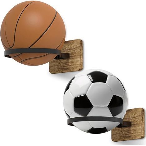 Support Murale Pour Ballon - Base En Bois Et Structure Métallique - Convient Basket Ball Football Rugby Volley - 2 Pièces (1/3)