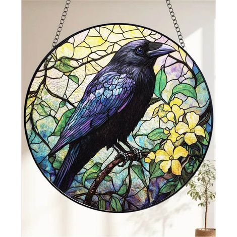 Décoration vitrail corbeau 12,5 cm, attrape-soleil intérieur pour salon