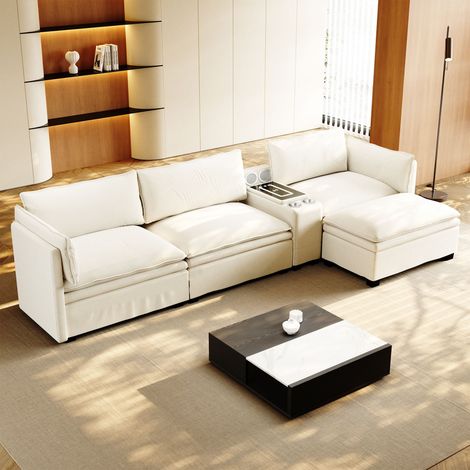 Canapé d'Angle Modulaire en L 315 cm - Rangement Ottoman Charge Sans Fil Haut-Parleurs - pour Salon Bureau - Tissu Chenille - Beige