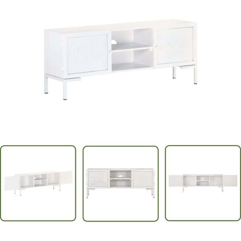 The Living Store Meuble TV Blanc 115x30x46 cm Bois massif de manguier - Meubles Tv - Meuble Tv Blanc - Armoire Tv - Rangement Tv - Design Industriel (1/5)