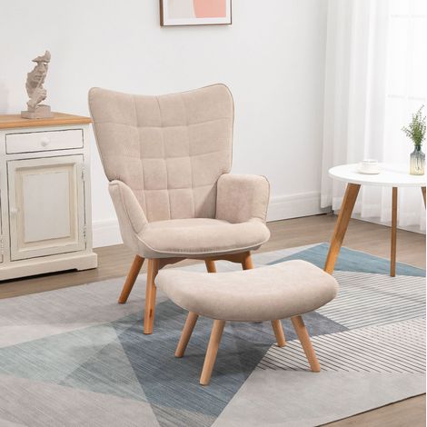 Sillón orejero con reposapiés, efecto pana, beige HAVRYA (1/3)