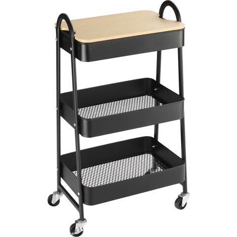 Chariot de service à 3 étagères avec paniers, structure en métal et plastique robuste, finition noire élégante, pratique pour cuisine, salon ou bureau
